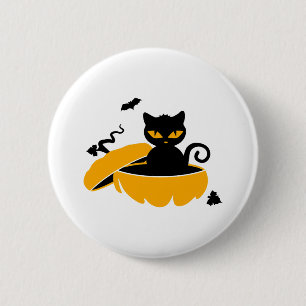 Black Halloween cat and Halloween pumpkin 6 Cm Round Badge