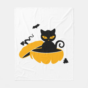 Black Halloween cat and Halloween pumpkin Fleece Blanket