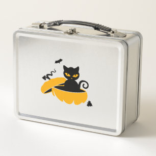 Black Halloween cat and Halloween pumpkin Metal Lunch Box