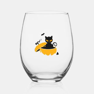 Black Halloween cat and Halloween pumpkin Stemless Wine Glass