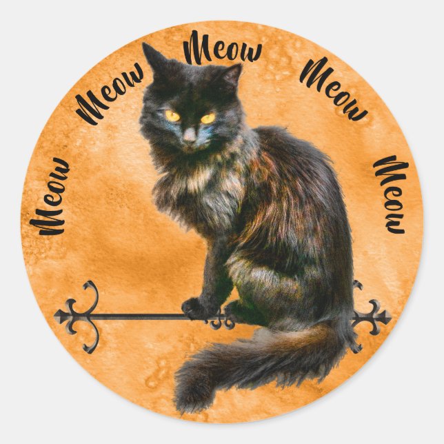 Black Halloween Cat Pet Photography Orange Grunge Classic Round Sticker (Front)
