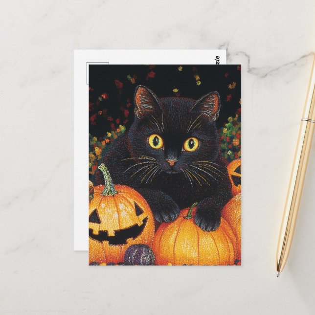 Black Halloween Cat Postcard (Front/Back In Situ)