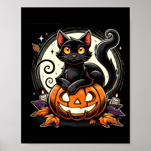 Black Halloween Cat Shirt For Women Retro Fall Poster