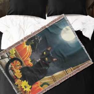 Black Halloween Cat Throw Blanket