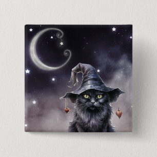 Black Halloween Cat Wearing a Witch Hat  15 Cm Square Badge