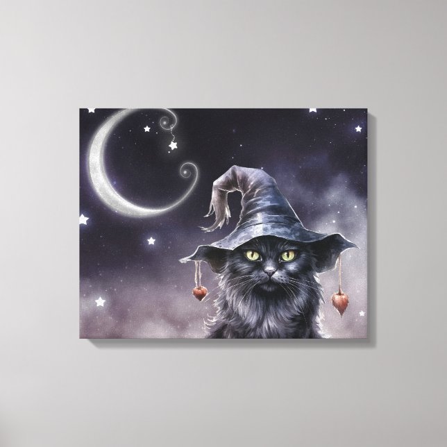 Black Halloween Cat Wearing a Witch Hat  Canvas Print (Front)