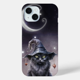 Black Halloween Cat Wearing a Witch Hat iPhone 15 Case