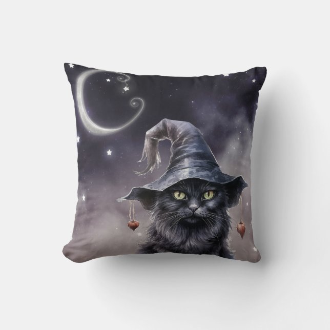Black Halloween Cat Wearing a Witch Hat Cushion (Front)
