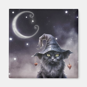 Black Halloween Cat Wearing a Witch Hat Magnet