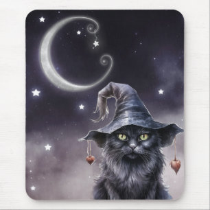 Black Halloween Cat Wearing a Witch Hat Mouse Pad