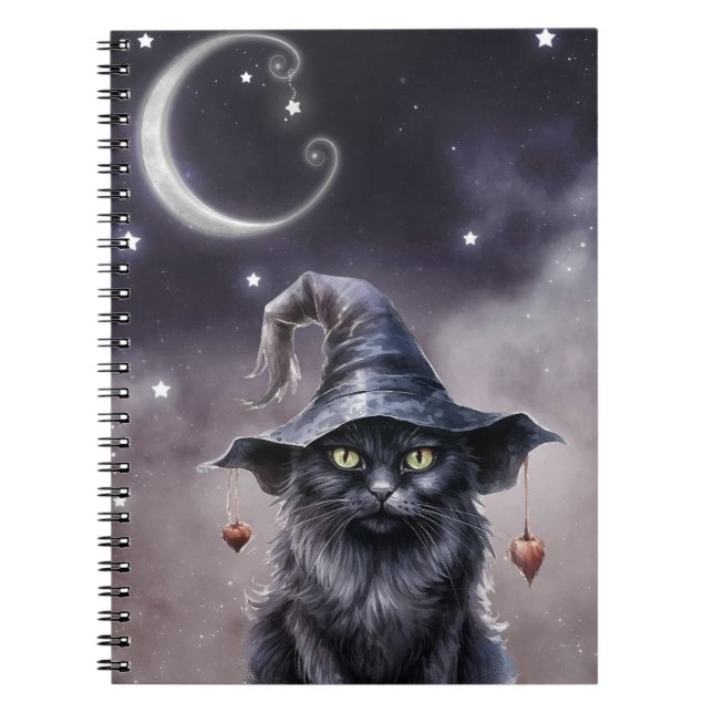 Black Halloween Cat Wearing a Witch Hat  Notebook (Front)