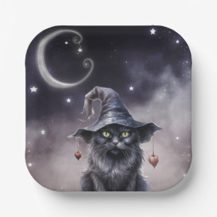 Black Halloween Cat Wearing a Witch Hat  Paper Plate