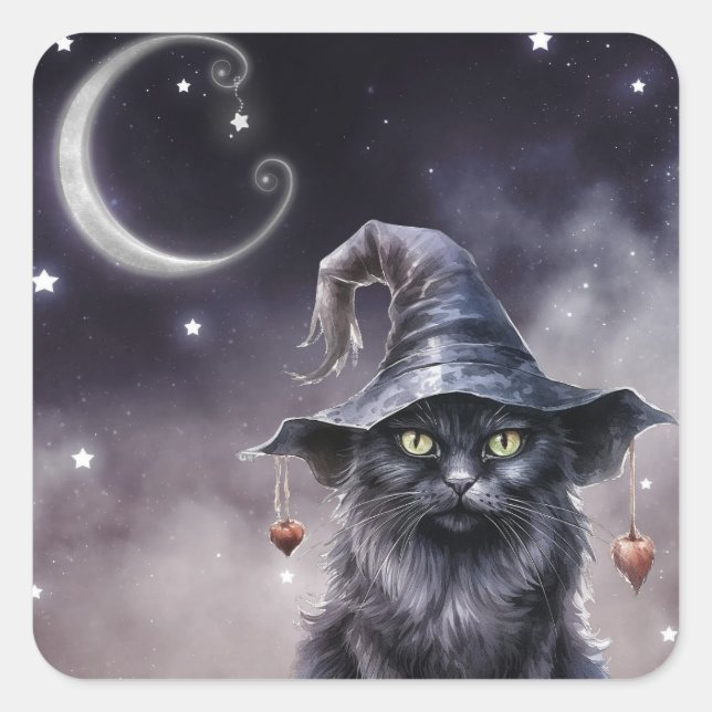 Black Halloween Cat Wearing a Witch Hat  Square Sticker (Front)