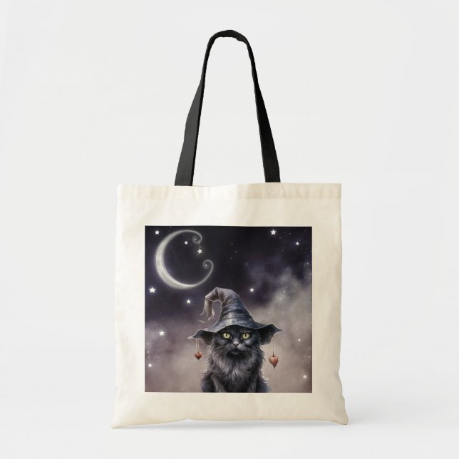 Black Halloween Cat Wearing a Witch Hat  Tote Bag (Front)