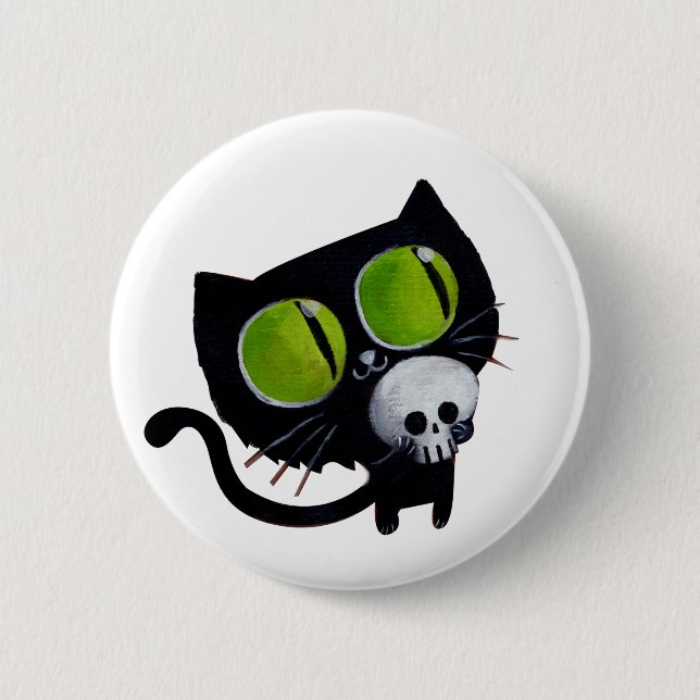Black Halloween Cat with Skull 6 Cm Round Badge (Front)