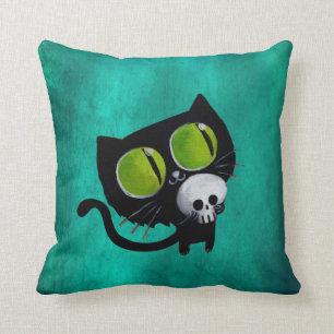 Black Halloween Cat with Skull Cushion