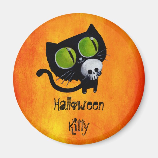 Black Halloween Cat with Skull Magnet (Front)