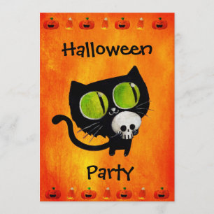 Black Halloween Cat with Skull Party Invitation