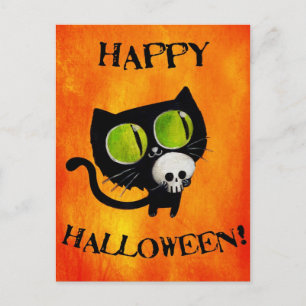 Black Halloween Cat with Skull Postcard