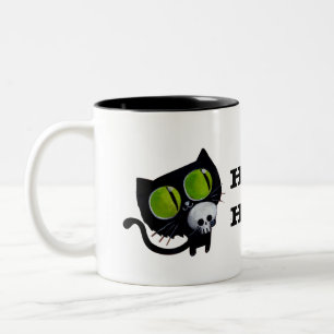 Black Halloween Cat with Skull Two-Tone Coffee Mug