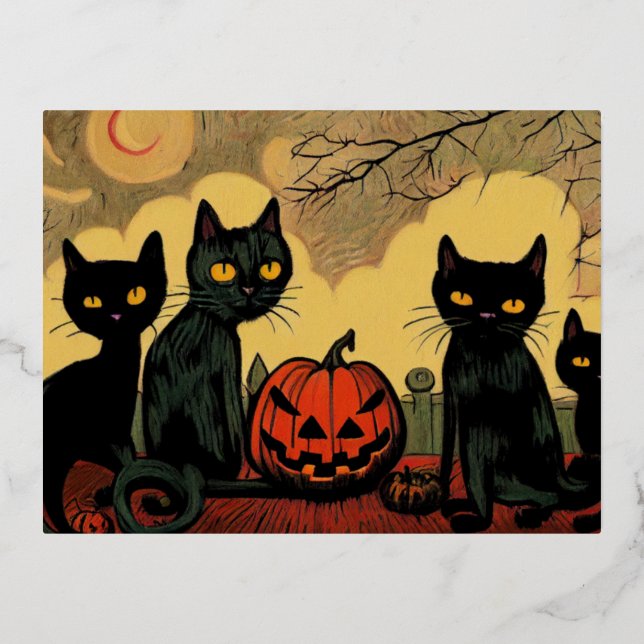 Black Halloween Cats with a pumpkin card (Front)