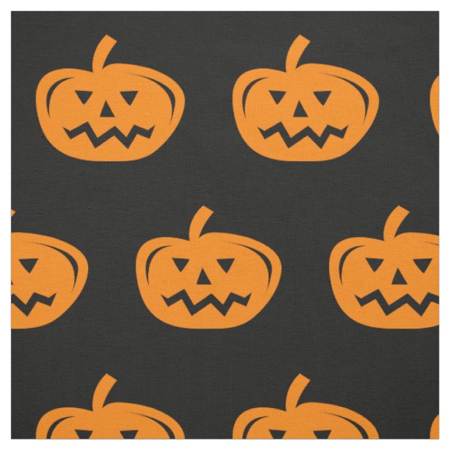 Black Halloween fabric with carved orange pumpkins (Swatch)