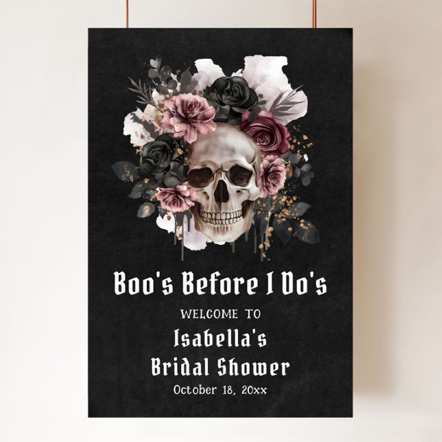 Black Halloween Floral Skull Bridal Shower Welcome Poster (Boo's Before I Do's Skull Bridal Shower Welcome Sign
)