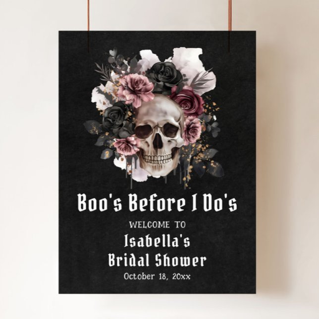 Black Halloween Floral Skull Bridal Shower Welcome Poster (Boo's Before I Do's Skull Bridal Shower Welcome Sign)