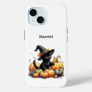 Black Halloween Kitten With Pumpkins & Witch's Hat iPhone 15 Case