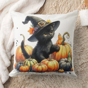 Black Halloween Kitten With Pumpkins & Witch's Hat Cushion