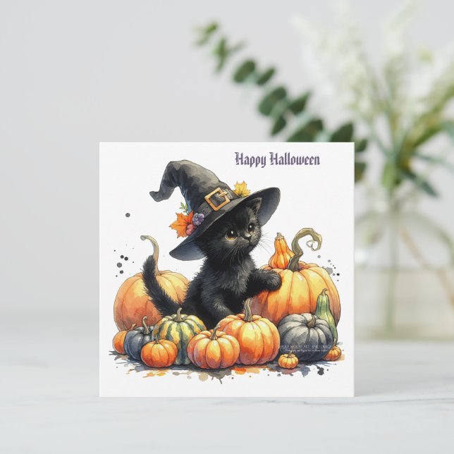 Black Halloween Kitten With Pumpkins & Witch's Hat Holiday Card (Standing Front)