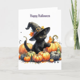 Black Halloween Kitten With Pumpkins & Witch's Hat Holiday Card