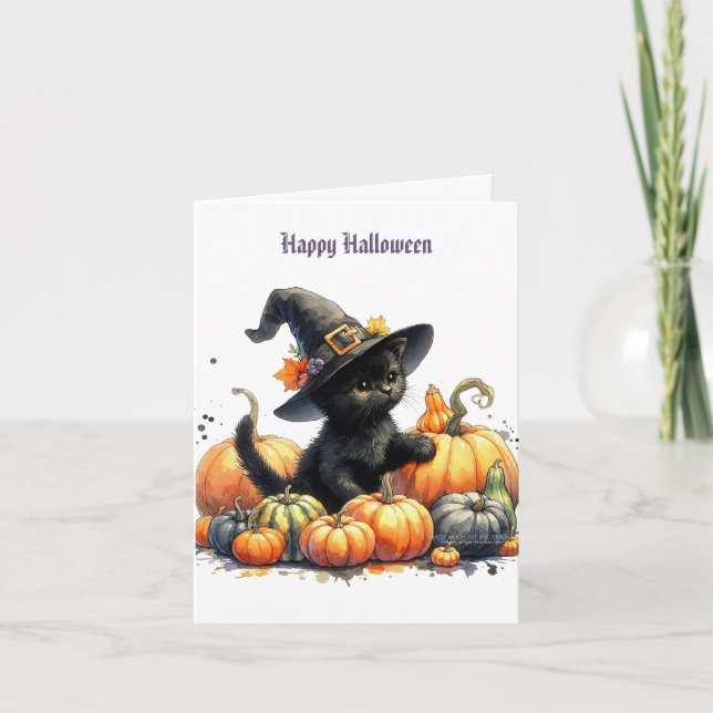 Black Halloween Kitten With Pumpkins & Witch's Hat Holiday Card (Front)