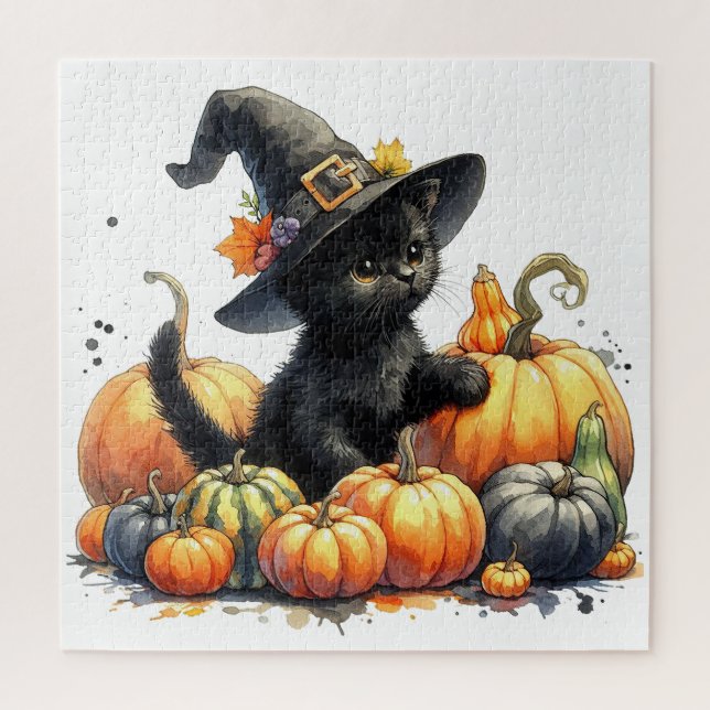 Black Halloween Kitten With Pumpkins & Witch's Hat Jigsaw Puzzle (Vertical)