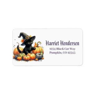 Black Halloween Kitten With Pumpkins & Witch's Hat Label