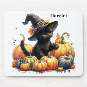 Black Halloween Kitten With Pumpkins & Witch's Hat Mouse Pad