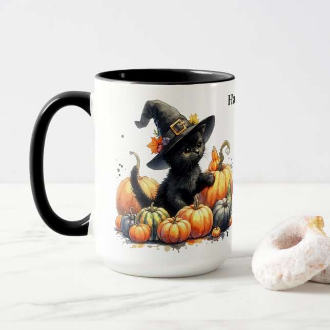 Black Halloween Kitten With Pumpkins & Witch's Hat Mug (With Donut)