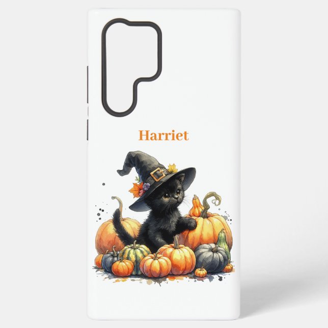 Black Halloween Kitten With Pumpkins & Witch's Hat Samsung Galaxy S22 Ultra Case (Back)