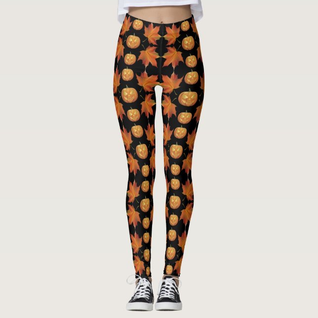 Black Halloween Leggings with Pumpkin & Leaves (Front)