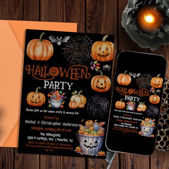 Black Halloween Party Trick or Treat Adult Kids Invitation (Creator Uploaded)