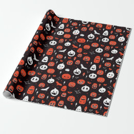 Black Halloween Pattern with pumpkins and ghosts Wrapping Paper