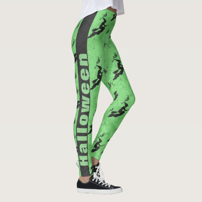 Black Halloween Witches Brooms Lime Green Pattern Leggings (Right)