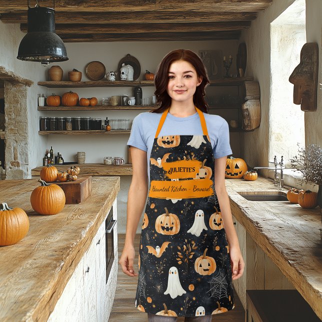 Black Halloween with Ghosts, Pumpkins, and Bats Apron (Creator Uploaded)