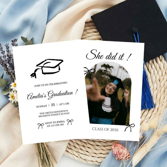 Black Hand drawn Bow graduation party invitation (Creator Uploaded)