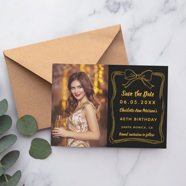 Black hand-drawn bow photo birthday save the date (Creator Uploaded)