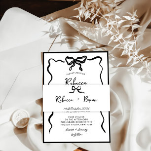 Black Hand Drawn Bow Ribbon Sketch Wedding Invitation Belly Band