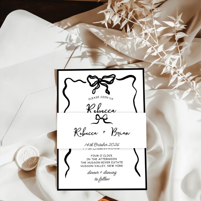Black Hand Drawn Bow Ribbon Sketch Wedding Invitation Belly Band (Creator Uploaded)