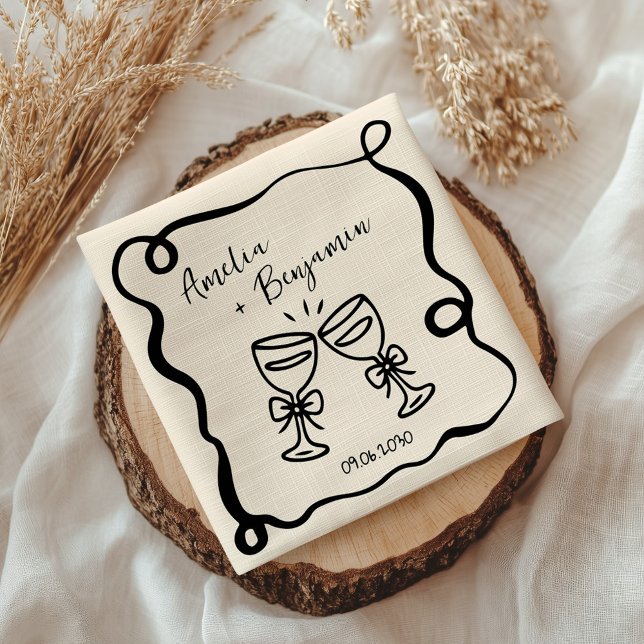 Black Hand Drawn Champagne Whimsical Wedding Napkin (Creator Uploaded)