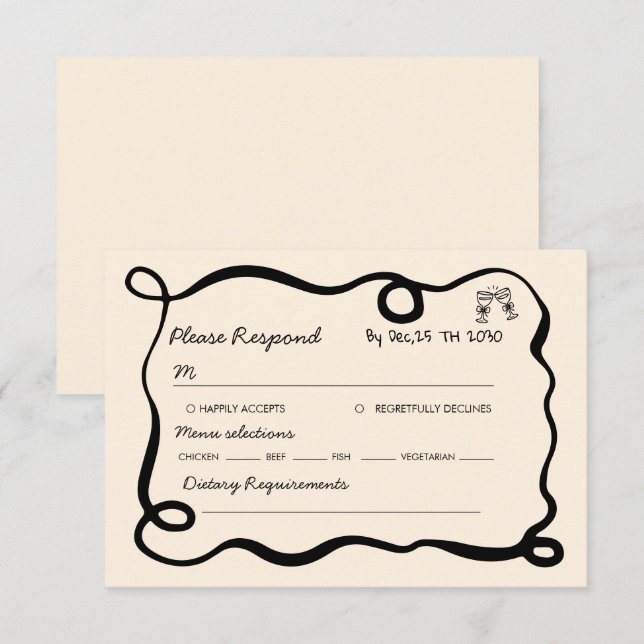 Black hand drawn champagne whimsical wedding RSVP card (Front/Back)