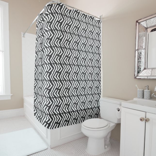 Black Hand Drawn Chevron Pattern Shower Curtain (In Situ)